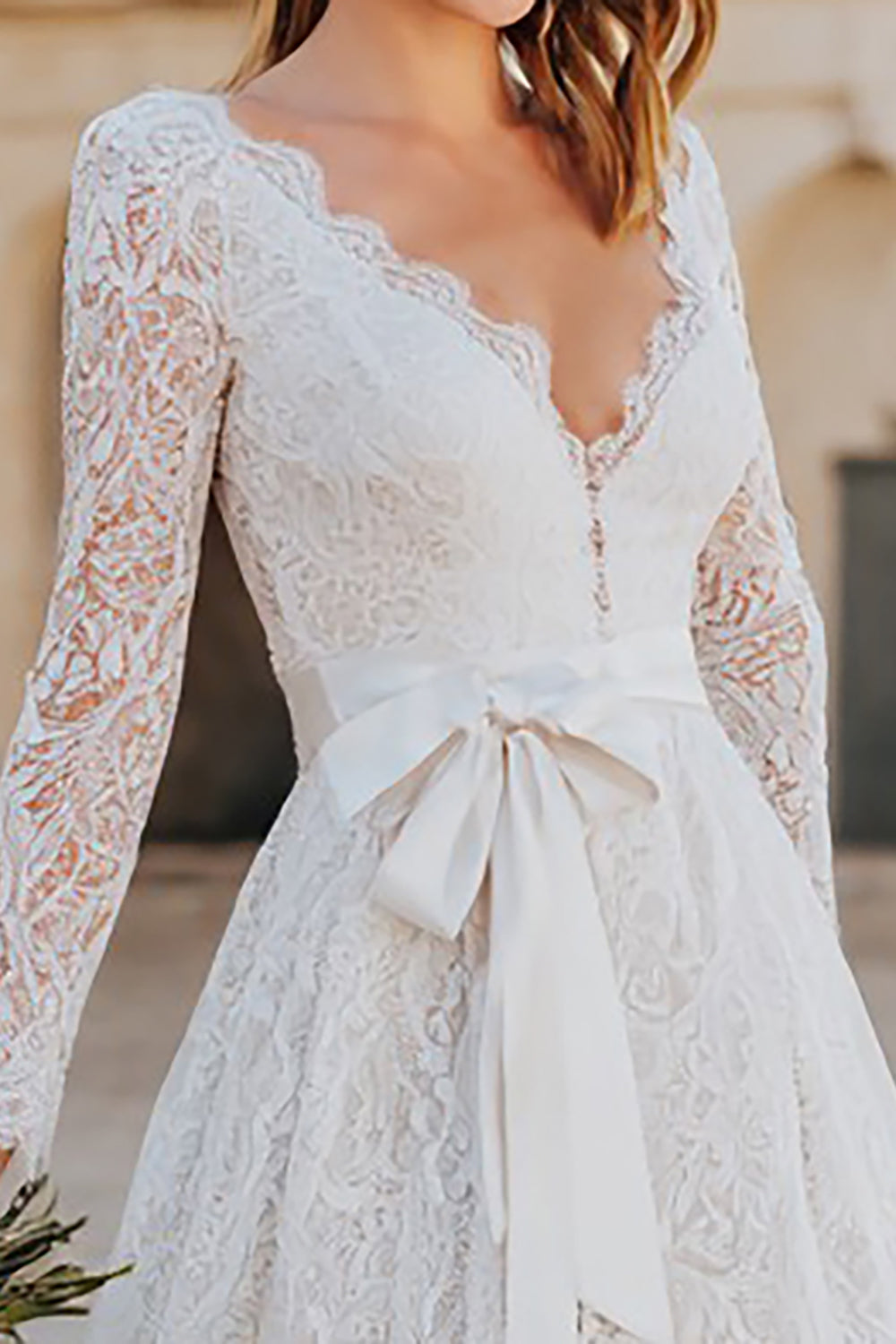 Ivory Lace A Line Midi Boho Wedding Dress with Sleeves