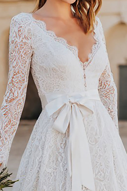 Ivory Lace A Line Midi Boho Wedding Dress with Sleeves