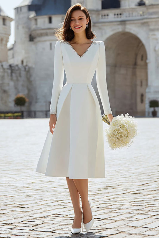 Sparkly Ivory A Line V-Neck Midi Engagement Dress with Sleeves