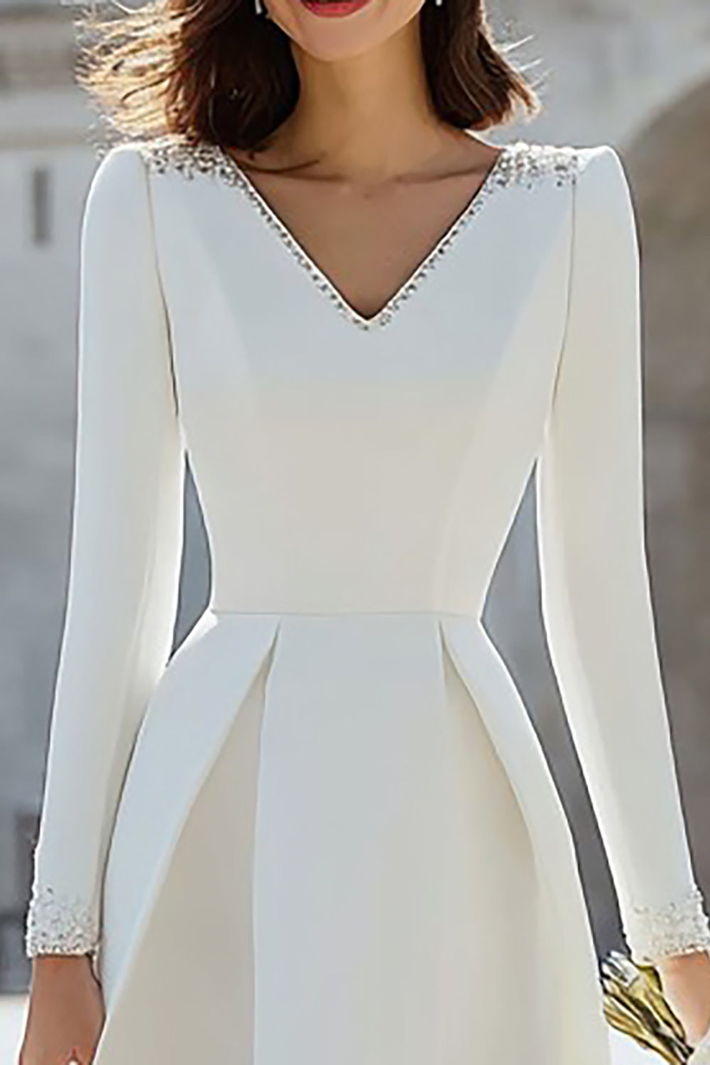 Sparkly Ivory A Line V-Neck Midi Engagement Dress with Sleeves