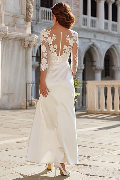 Ivory Sheath Appliqued Long Wedding Dress with Slit