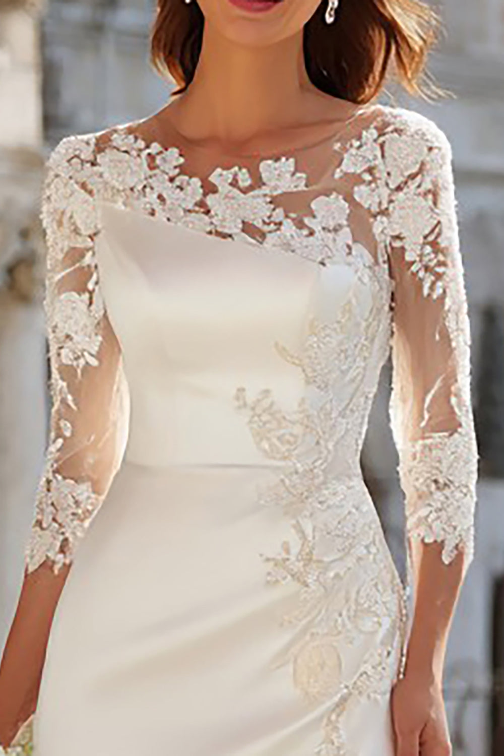Ivory Sheath Appliqued Long Wedding Dress with Slit