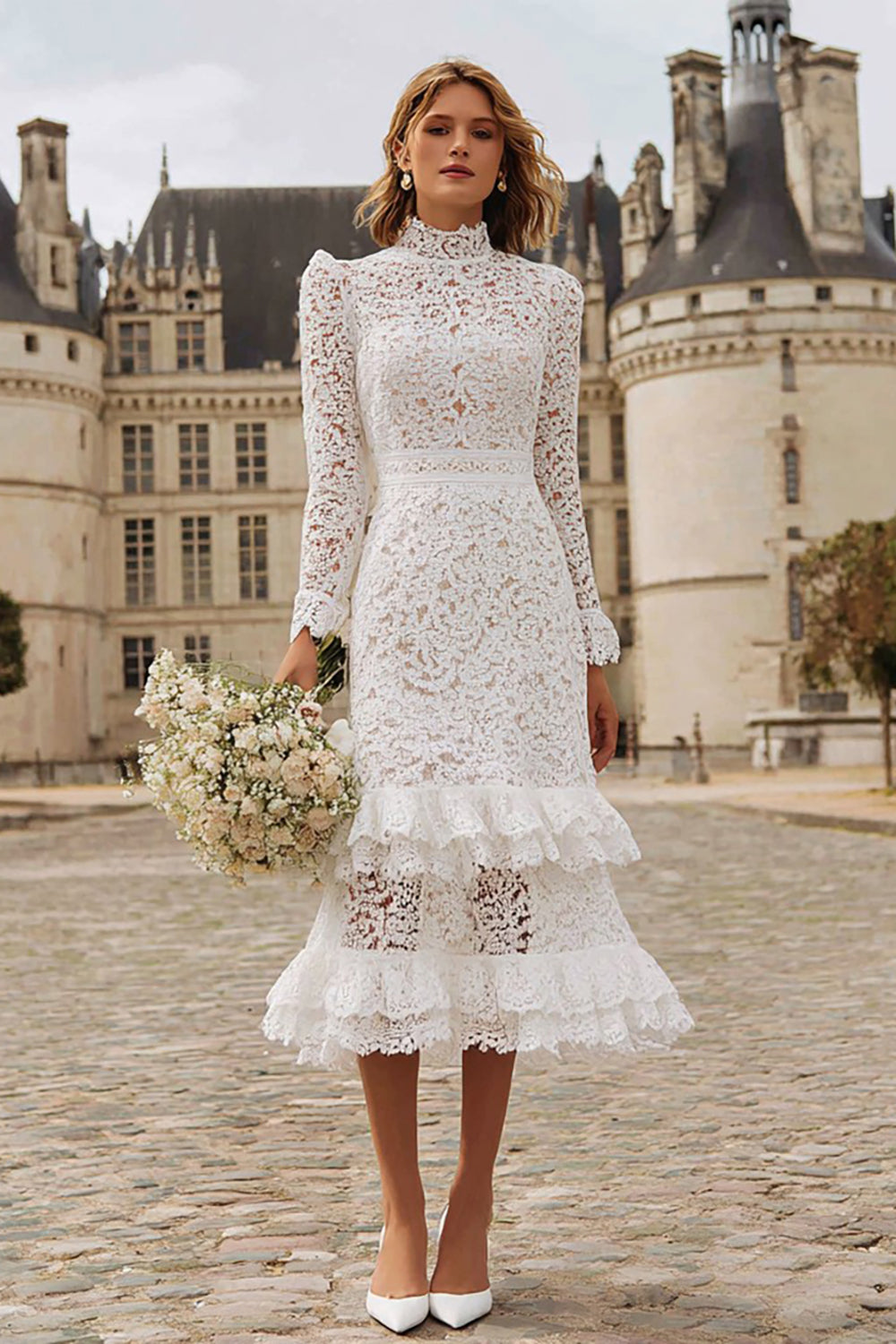 Ivory High Neck Ruffled Lace Midi Engagement Dress with Sleeves