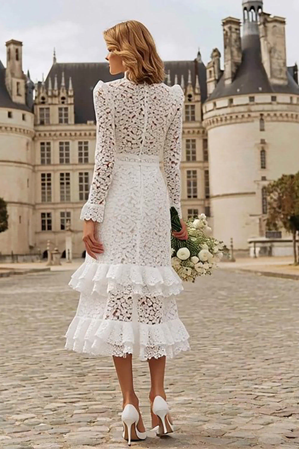 Ivory High Neck Ruffled Lace Midi Engagement Dress with Sleeves