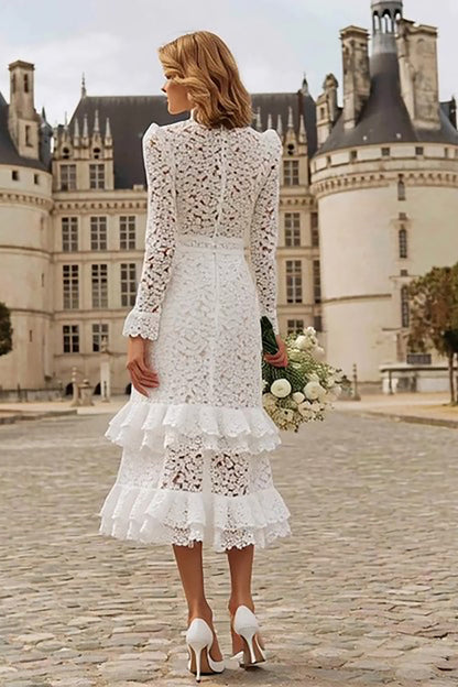 Ivory High Neck Ruffled Lace Midi Engagement Dress with Sleeves