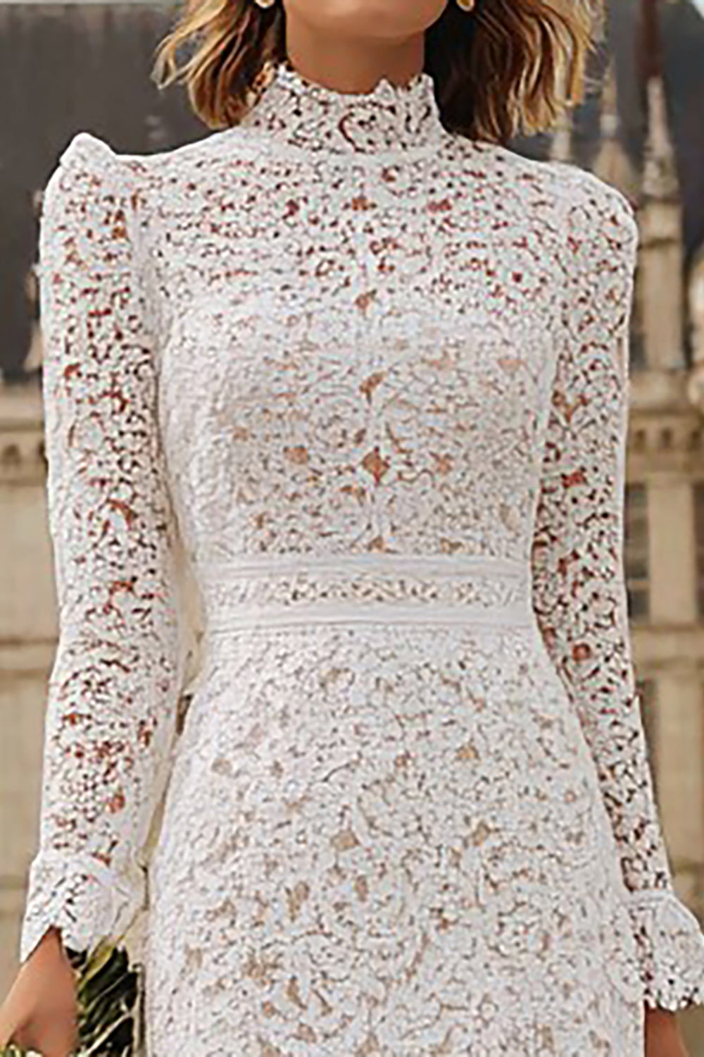 Ivory High Neck Ruffled Lace Midi Engagement Dress with Sleeves