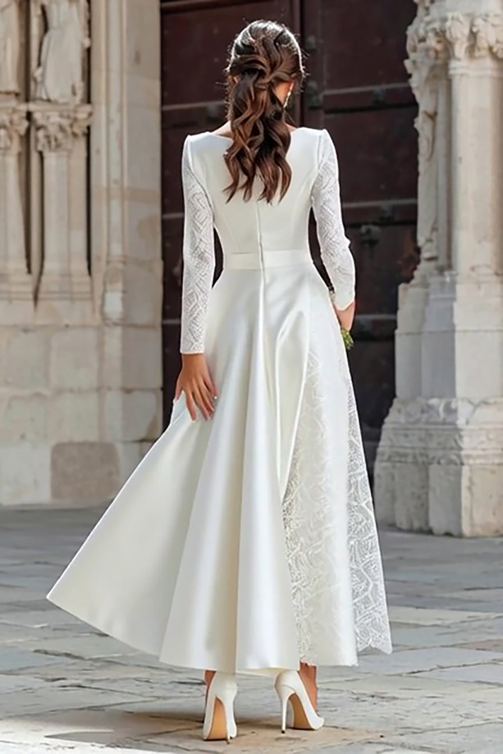 Ivory A Line Boat Neck Long Sleeves Engagement Dress with Pockets