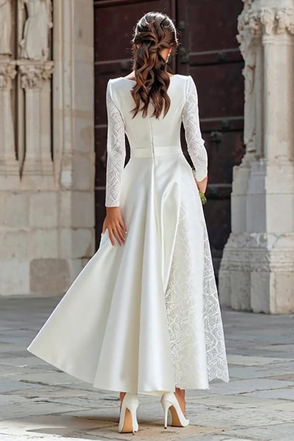 Ivory A Line Boat Neck Long Sleeves Engagement Dress with Pockets