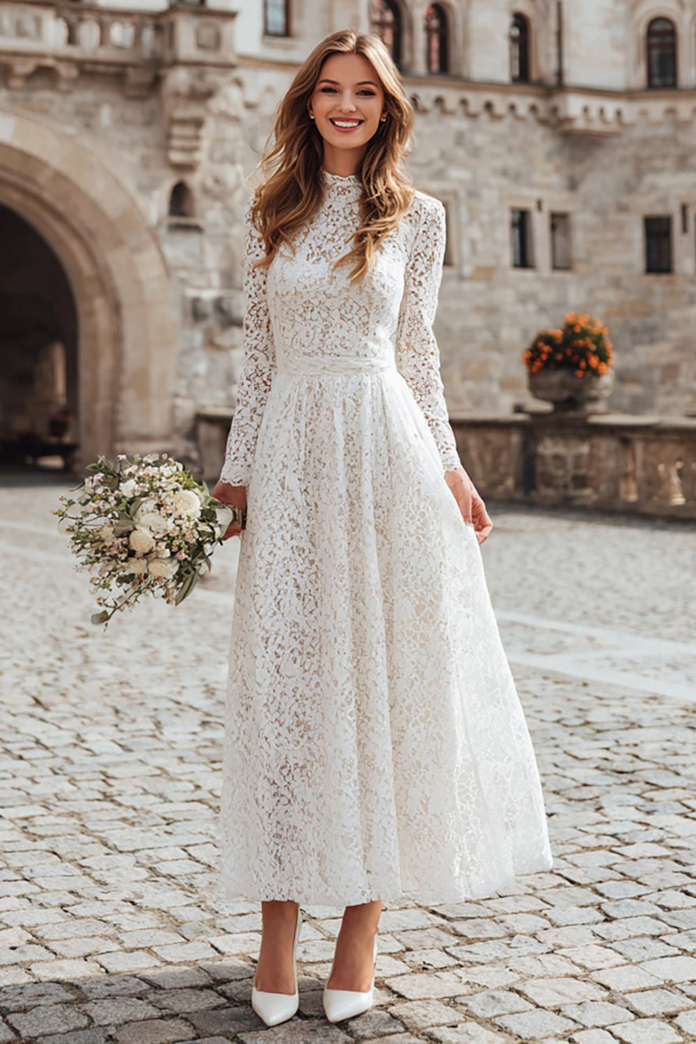 Ivory Lace A Line Long Sleeves Wedding Dress