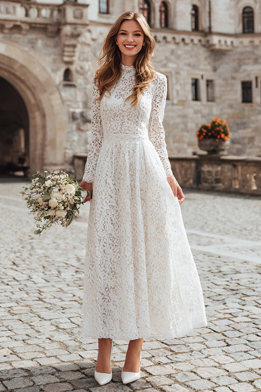 Ivory Lace A Line Long Sleeves Wedding Dress