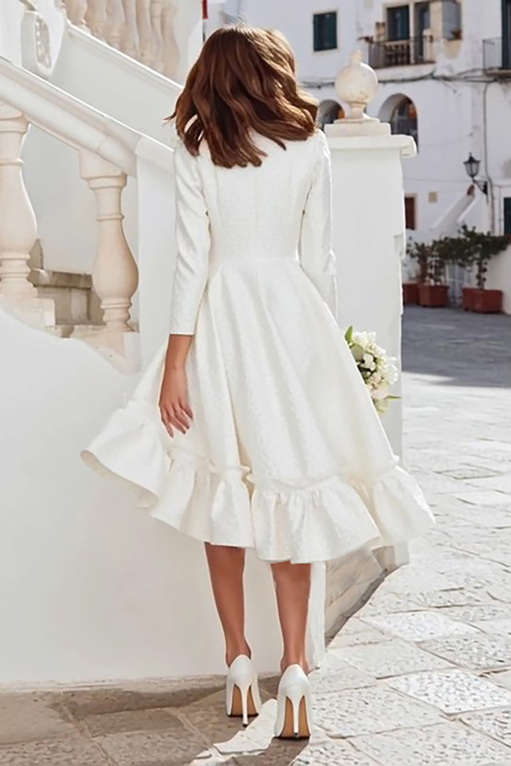 Ivory Round Neck A Line Midi Rehearsal Dinner Dress with Sleeves