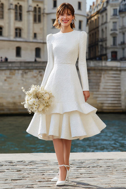 Ivory A Line Long Sleeves Midi Bridal Dress with Ruffles