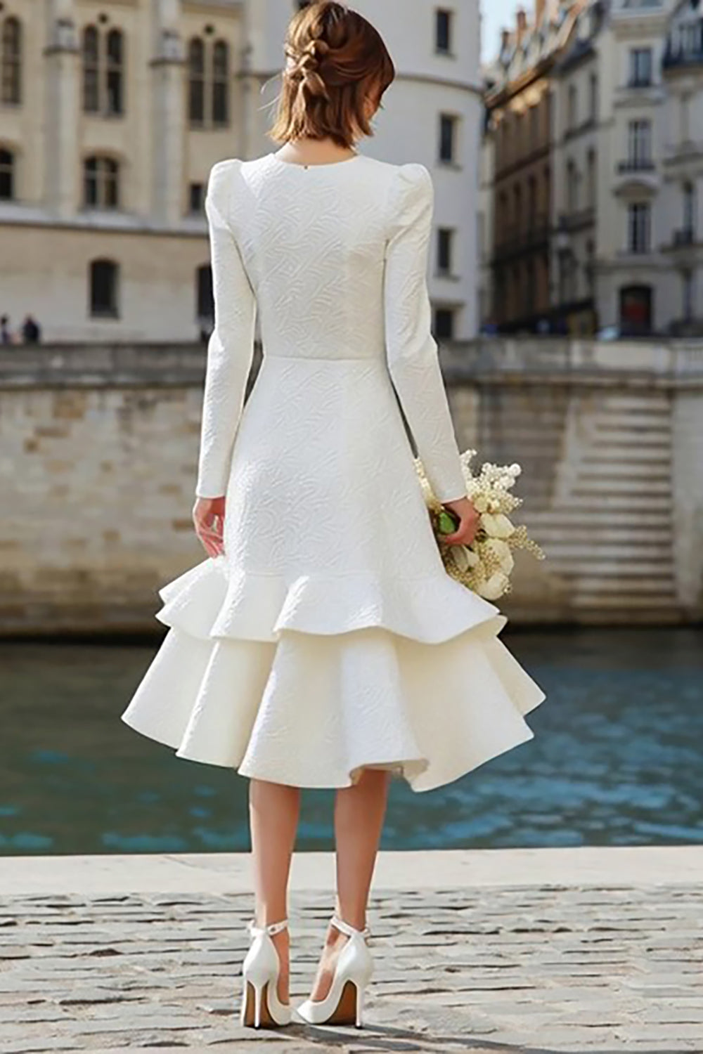 Ivory A Line Long Sleeves Midi Bridal Dress with Ruffles