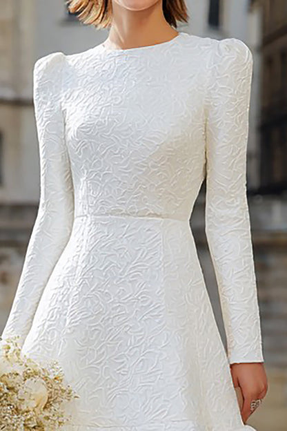 Ivory A Line Long Sleeves Midi Bridal Dress with Ruffles