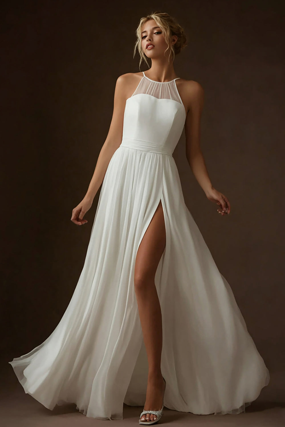 White Halter Chiffon A Line Floor Length Rehearsal Dinner Dress with Slit