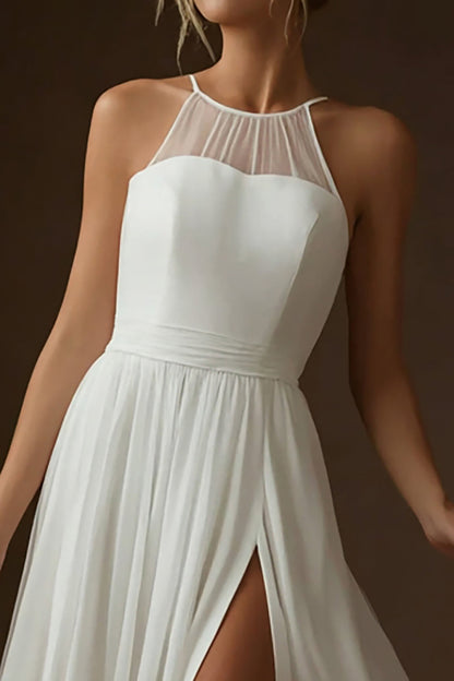White Halter Chiffon A Line Floor Length Rehearsal Dinner Dress with Slit