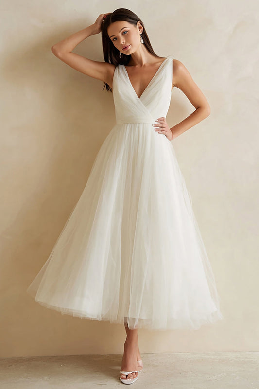 White Tulle A Line V-Neck Ankle Length Rehearsal Dinner Dress