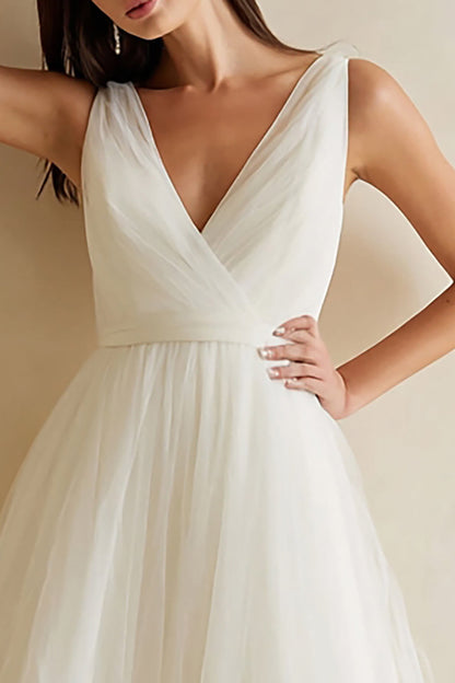 White Tulle A Line V-Neck Ankle Length Rehearsal Dinner Dress