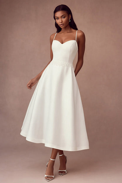 White Satin A Line Spaghetti Straps Long Wedding Reception Dress