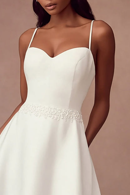 White Satin A Line Spaghetti Straps Long Wedding Reception Dress