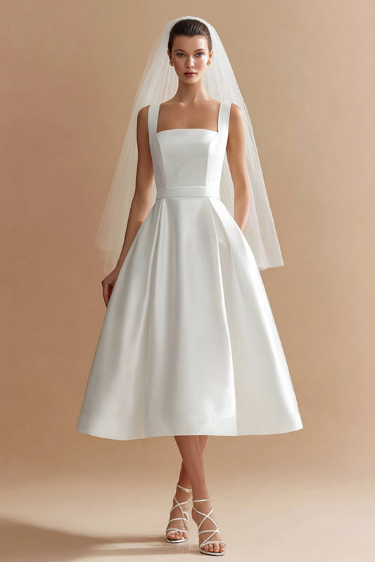 White Thick Straps Satin A Line Midi Wedding Dress