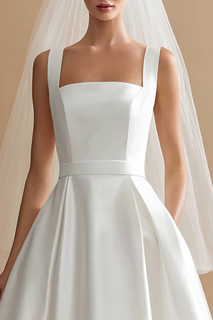 White Thick Straps Satin A Line Midi Wedding Dress