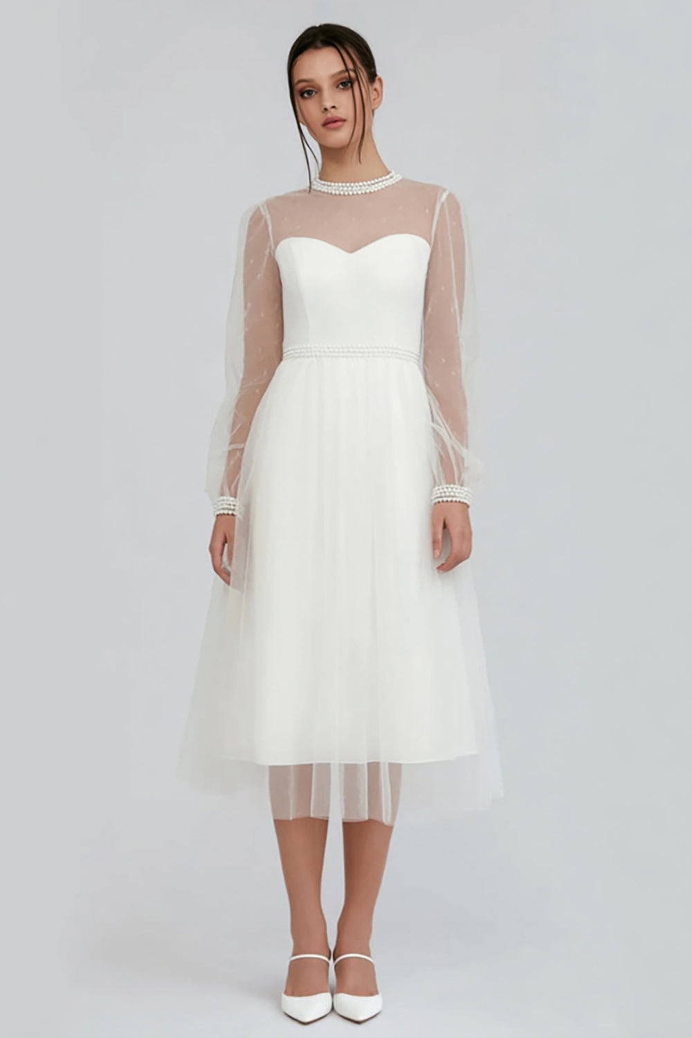 Sparkly White Tulle A Line Midi Engagement Dress with Beading