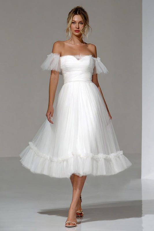 White Off the Shoulder Tulle A Line Midi Engagement Dress
