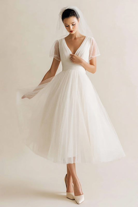 White Tulle V-Neck A Line Dots Midi Wedding Dress