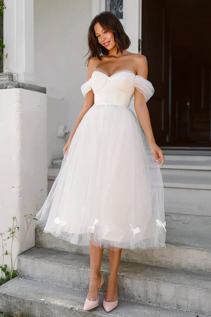White A Line Tulle Midi Engagement Dress with Bows