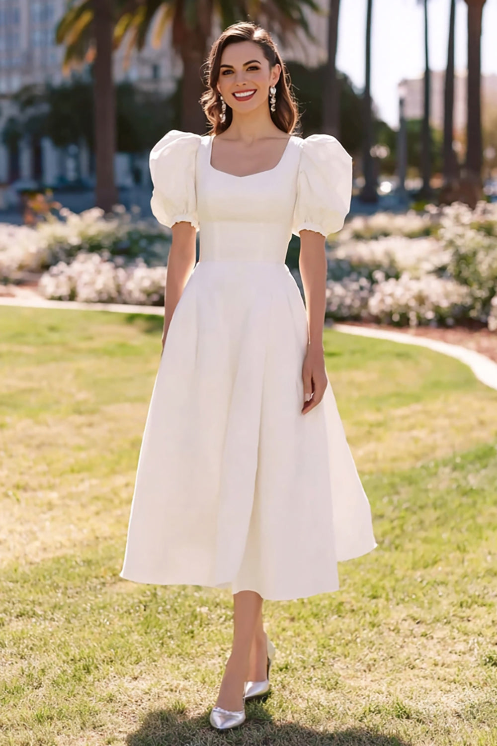 Simple White A Line Midi Engagement Dress with Sleeves