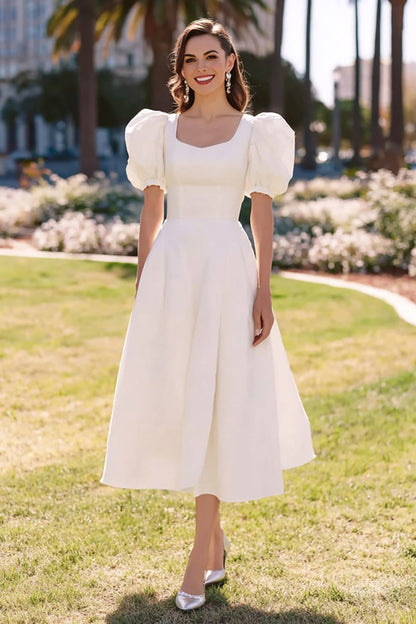 Simple White A Line Midi Engagement Dress with Sleeves