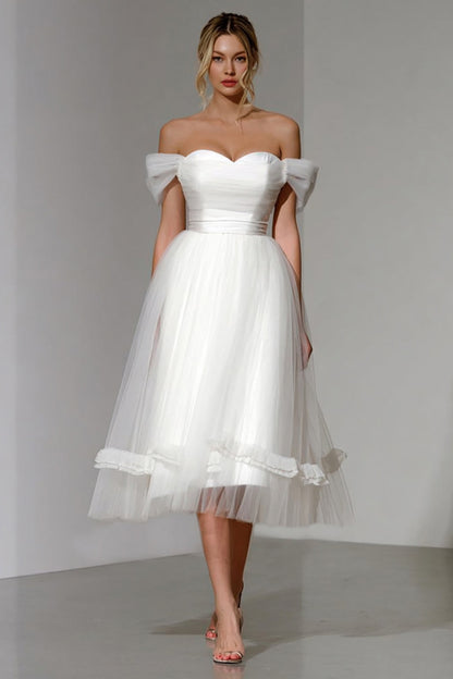 Simple White Off the Shoulder A Line Midi Engagement Dress