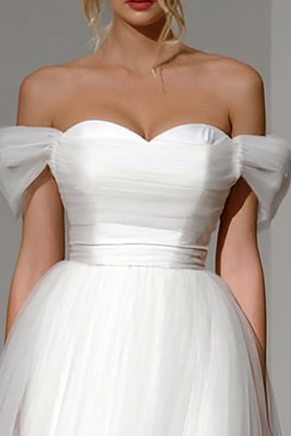 Simple White Off the Shoulder A Line Midi Engagement Dress