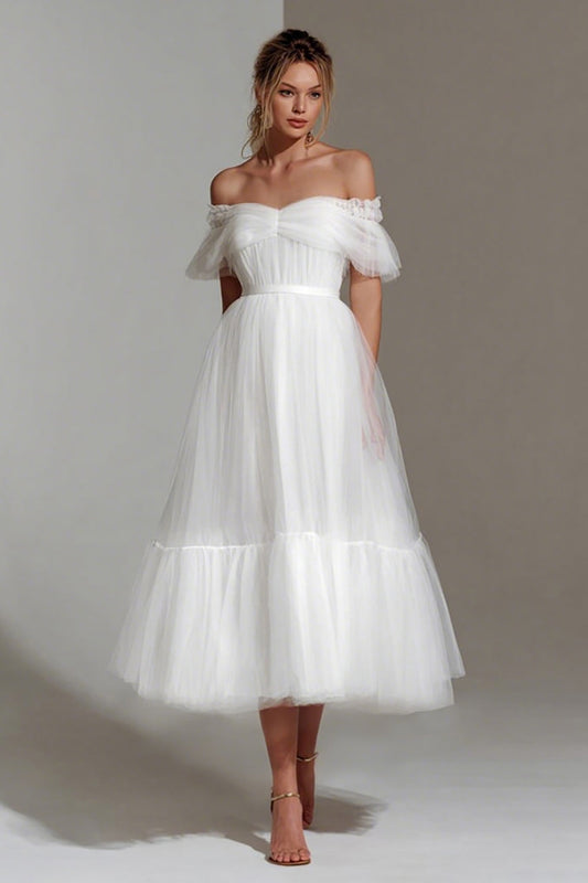 White Tulle Off the Shoulder A Line Midi Engagement Dress