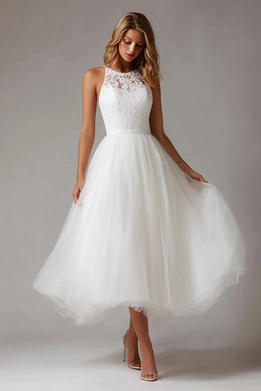 White A Line Tulle Midi Engagement Dress with Lace