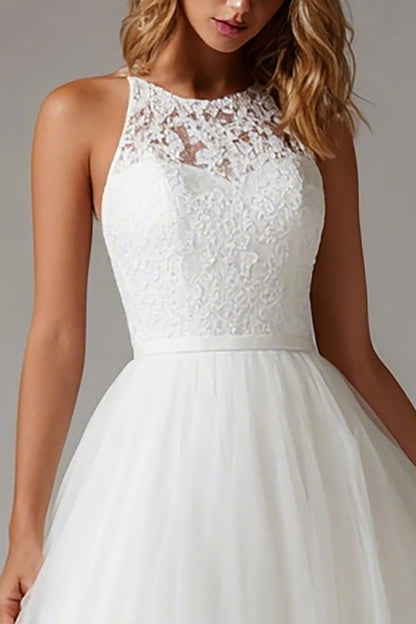 White A Line Tulle Midi Engagement Dress with Lace