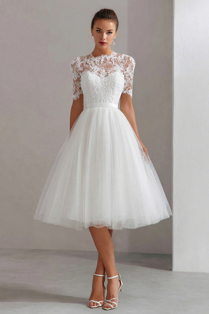 White A Line Tulle Short Sleeves Midi Engagement Dress with Lace