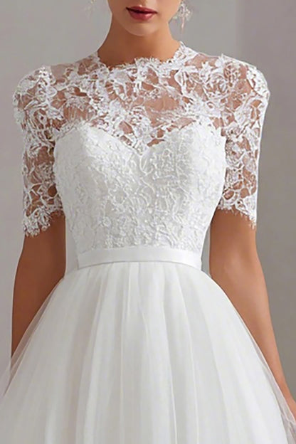 White A Line Tulle Short Sleeves Midi Engagement Dress with Lace