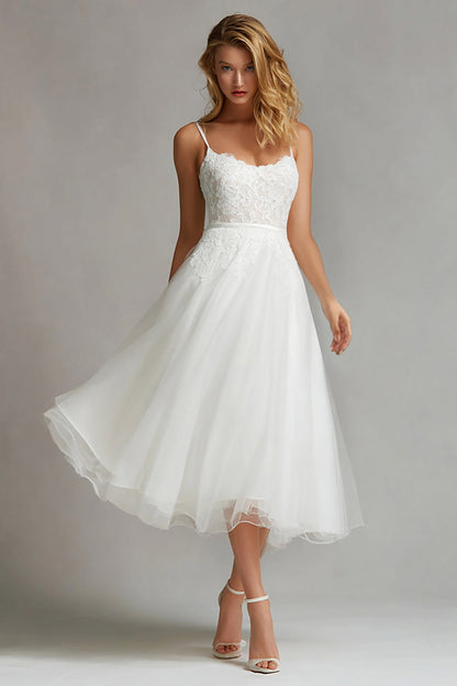 White Spaghetti Straps A Line Midi Engagement Dress with Lace