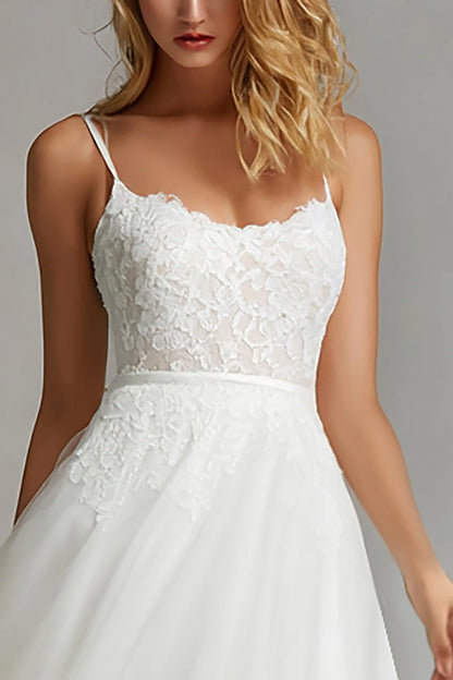 White Spaghetti Straps A Line Midi Engagement Dress with Lace
