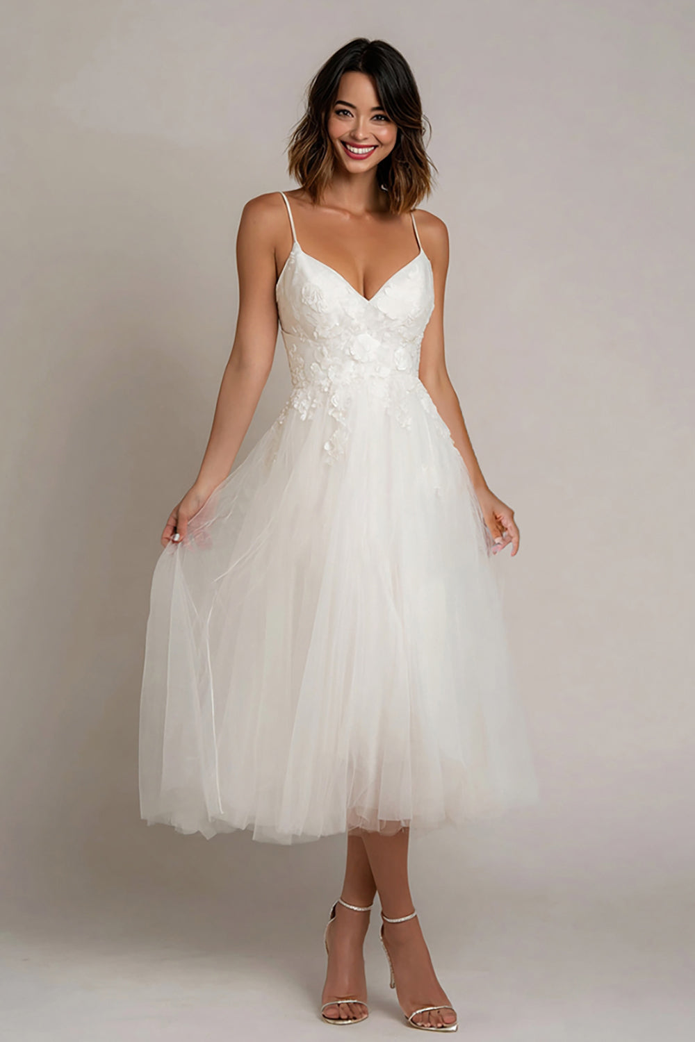 White Spaghetti Straps Tulle Midi Engagement Dress with Lace