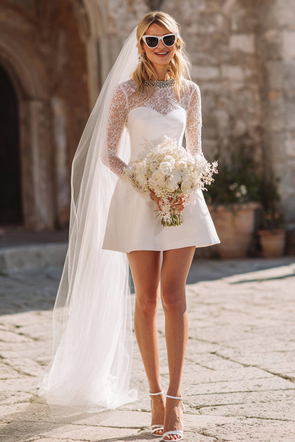 Sparkly White Satin A Line Short Wedding Dress with Lace