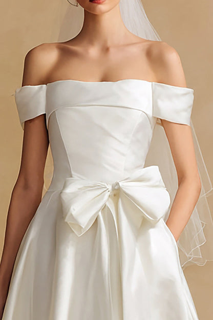 White Off the Shoulder Satin Long Wedding Dress with Bow