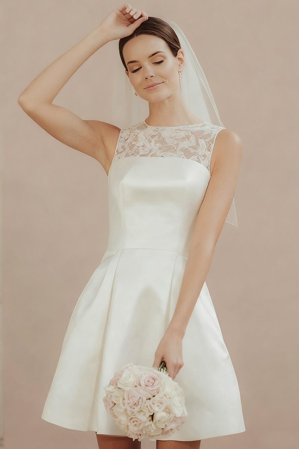 White A Line Satin Round Neck Short Wedding Dress with Lace