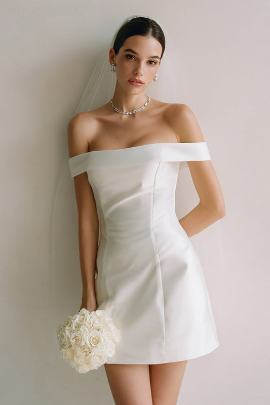 Simple White Satin Off the Shoulder Bodycon Short Wedding Dress