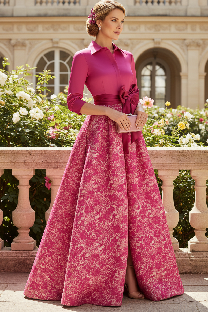 Fuchsia Floral Lapel Neck Long A Line Satin Mother of the Bride Dress with Slit