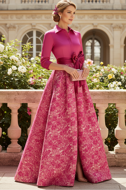 Fuchsia Floral Lapel Neck Long A Line Satin Mother of the Bride Dress with Slit