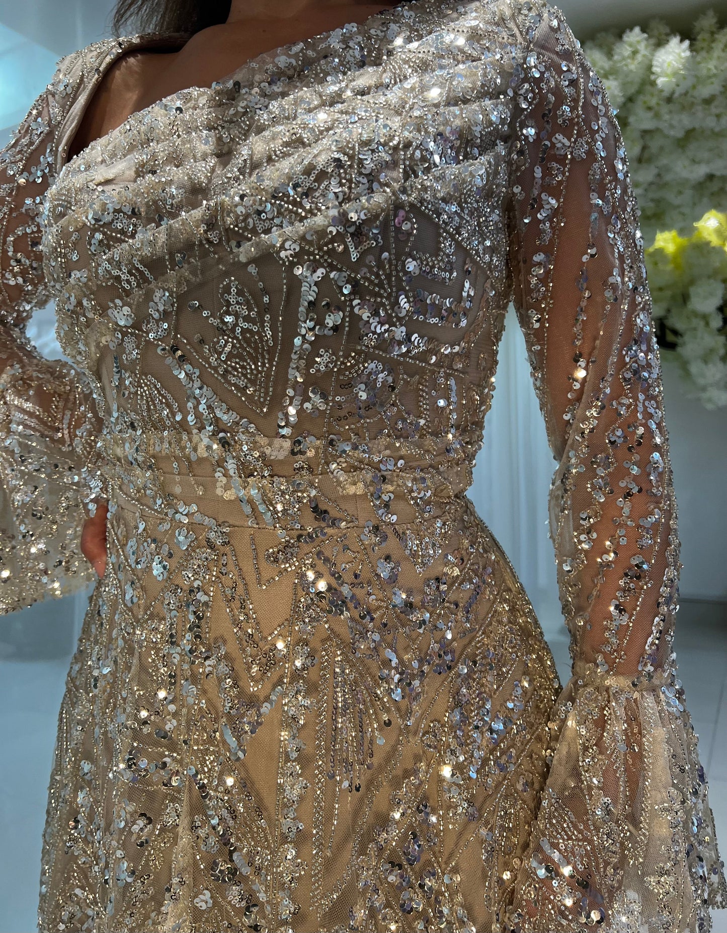 Champagne Asymmetrical Neck Long Sleeves Evening Dress