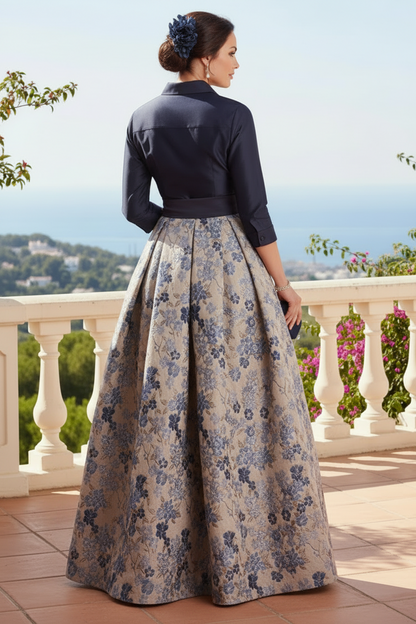 Navy Jacquard 3/4 Sleeves A-Line Long Mother of the Bride Dress with Bowknot